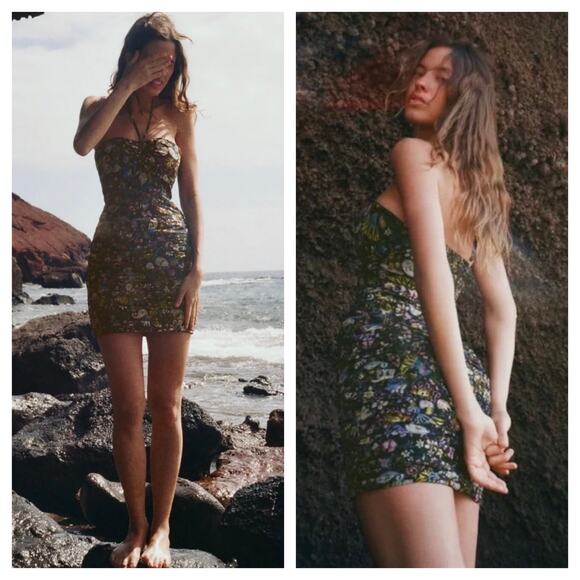 Zara Floral Mini Dress Large Ruched Bodycon Halter Sweetheart Paisley Print - Picture 1 of 14